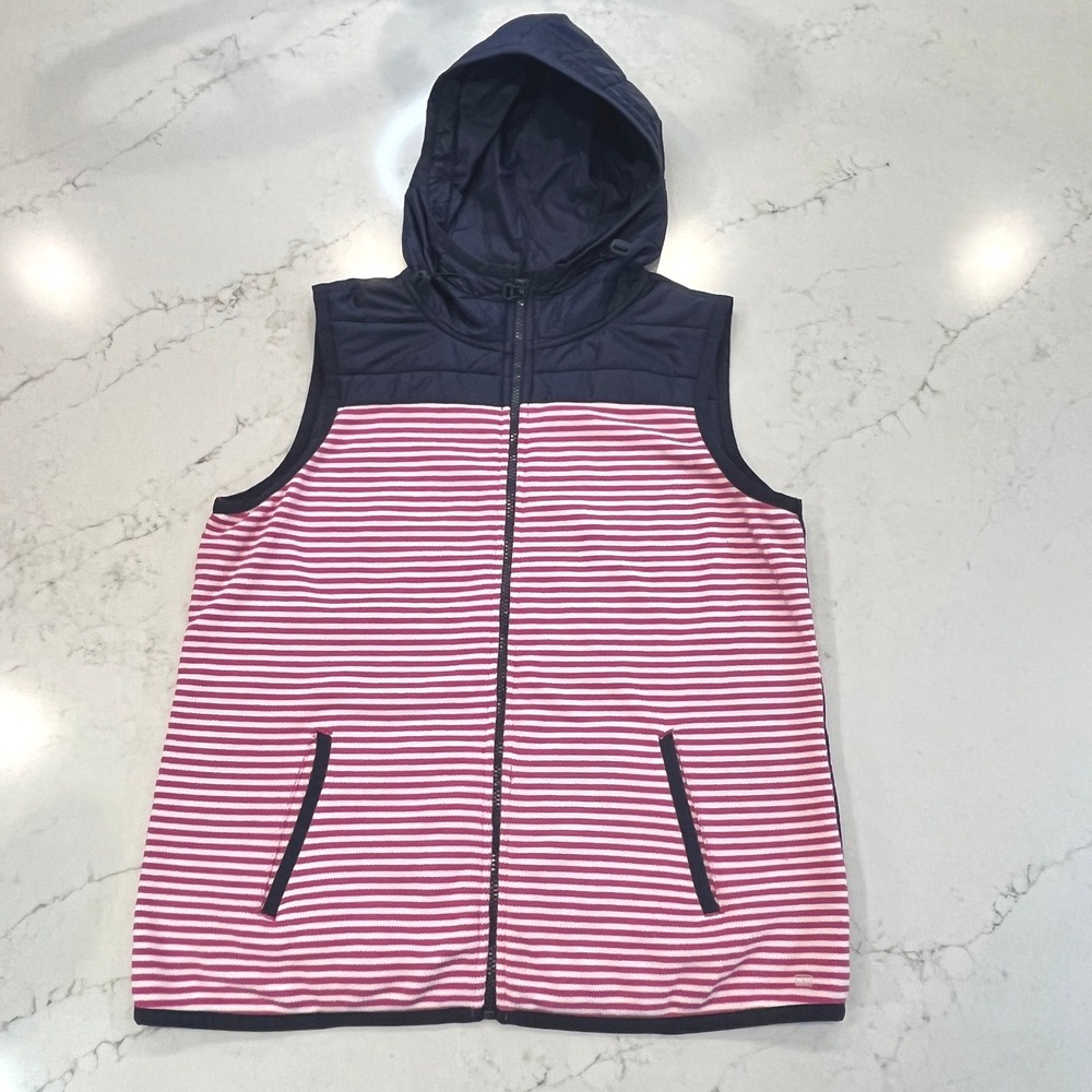 Tommy Hilfiger Athluxe Full Zip Hooded Vest Womens‎ Large Pink Striped Pockets